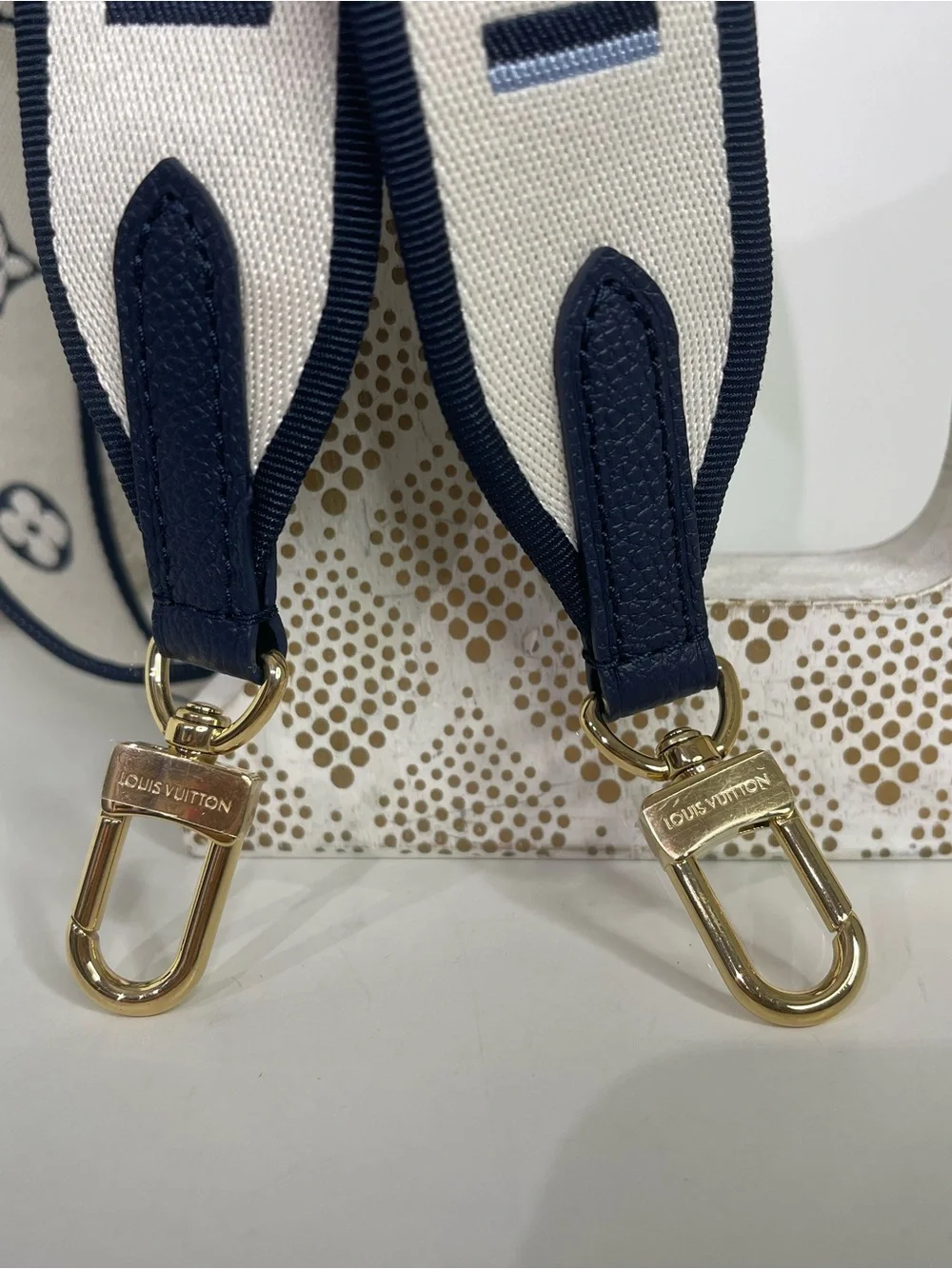 Louis Vuitton Navy and Cream Webbing Logo Shoulder Strap with Gold Hardware